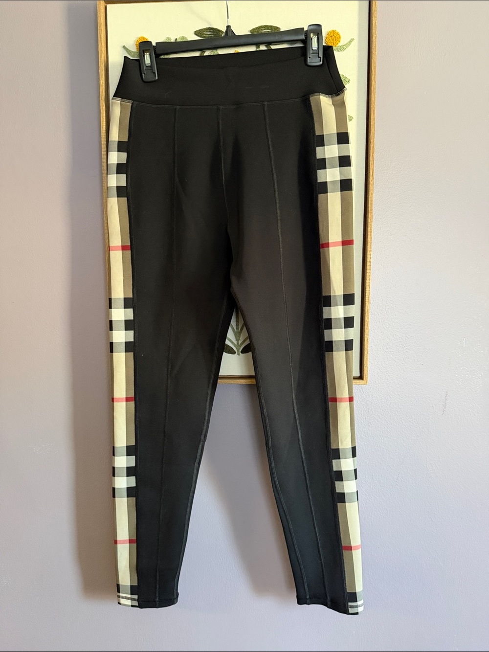 Burberry Black Leggings with Signature Beige Plaid Side Stripe